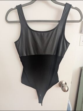 Guess Black Faux-Leather & Stretch Bodysuit